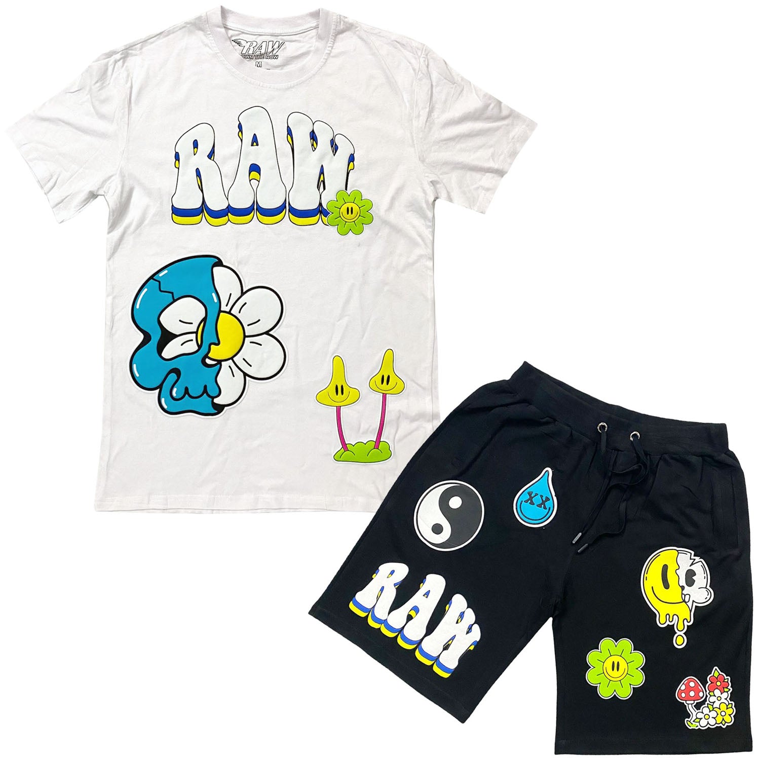 Men Smiley Drip Puff Print Crew Neck and Cotton Shorts Set - White Tees / Black Shorts - Rawyalty Clothing