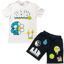 Men Smiley Drip Puff Print Crew Neck and Cotton Shorts Set - White Tees / Black Shorts - Rawyalty Clothing