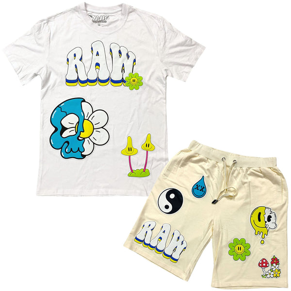 Men Smiley Drip Puff Print Crew Neck and Cotton Shorts Set - White Tees / Cream Shorts - Rawyalty Clothing