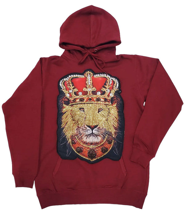 Men Lion Crown Hand Made Sequin Hoodie - Maroon - Rawyalty Clothing
