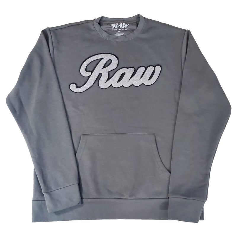 Men RAW Cursive Grey Chenille Long Sleeve Shirts - Rawyalty Clothing