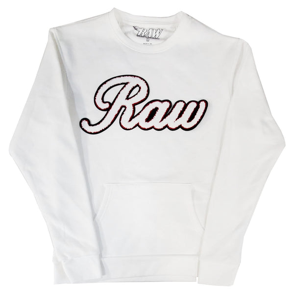 Men RAW Cursive White Chenille Long Sleeve Shirts - Rawyalty Clothing