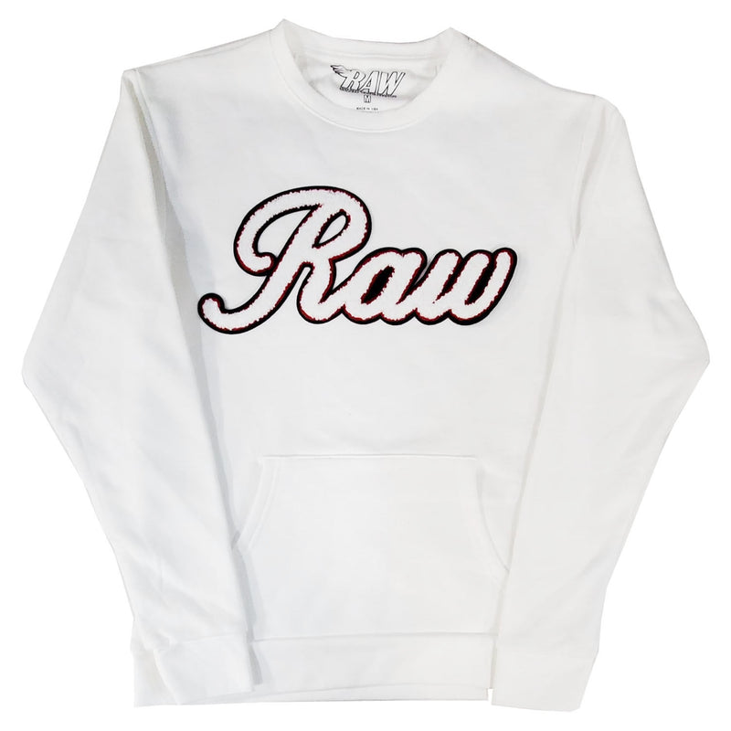 Men RAW Cursive White Chenille Long Sleeve Shirts - Rawyalty Clothing