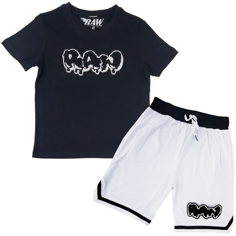 Kids RAW Drip Black Chenille Crew Neck T-Shirts and Mesh Shorts Set - Rawyalty Clothing