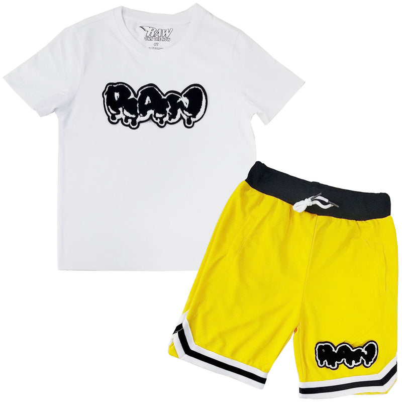 Kids RAW Drip Black Chenille Crew Neck T-Shirts and Mesh Shorts Set - Rawyalty Clothing