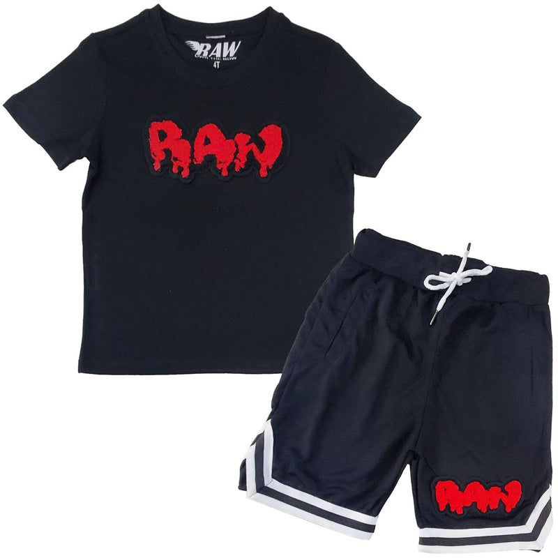 Kids RAW Drip Red Chenille Crew Neck T-Shirts and Mesh Shorts Set - Rawyalty Clothing