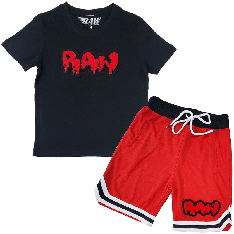 Kids RAW Drip Red Chenille Crew Neck T-Shirts and Mesh Shorts Set - Rawyalty Clothing