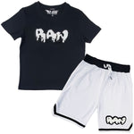 Kids RAW Drip White Chenille Crew Neck T-Shirts and Mesh Shorts Set - Rawyalty Clothing