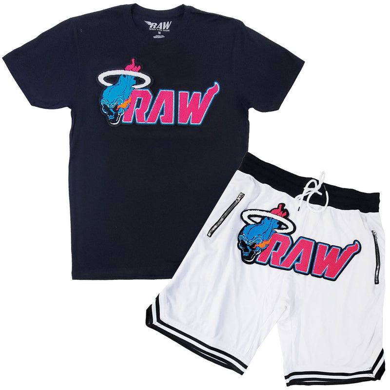 Men RAW Heat Chenille Crew Neck T-Shirts and Mesh Shorts Set - Rawyalty Clothing