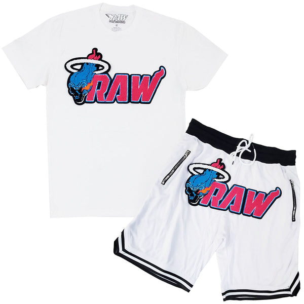 Men RAW Heat Chenille Crew Neck T-Shirts and Mesh Shorts Set - Rawyalty Clothing