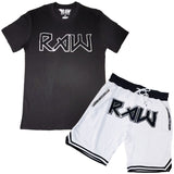 Men RAW Edition 1 Black Chenille Crew Neck T-Shirts and Mesh Shorts Set - Rawyalty Clothing