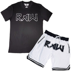 Men RAW Edition 1 Black Chenille Crew Neck T-Shirts and Mesh Shorts Set - Rawyalty Clothing
