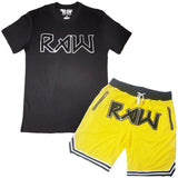 Men RAW Edition 1 Black Chenille Crew Neck T-Shirts and Mesh Shorts Set - Rawyalty Clothing