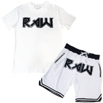 Men RAW Edition 1 Black Chenille Crew Neck T-Shirts and Mesh Shorts Set - Rawyalty Clothing