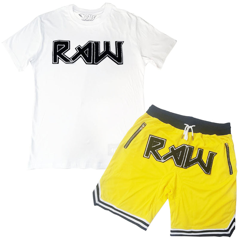 Men RAW Edition 1 Black Chenille Crew Neck T-Shirts and Mesh Shorts Set - Rawyalty Clothing