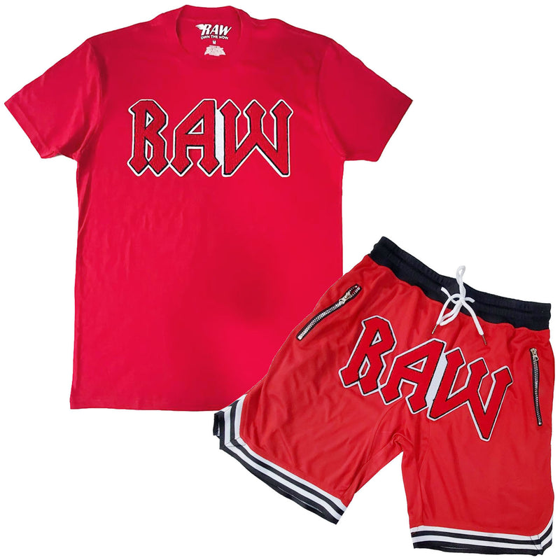 Men RAW Edition 3 Red Chenille Crew Neck T-Shirts and Mesh Shorts Set - Rawyalty Clothing