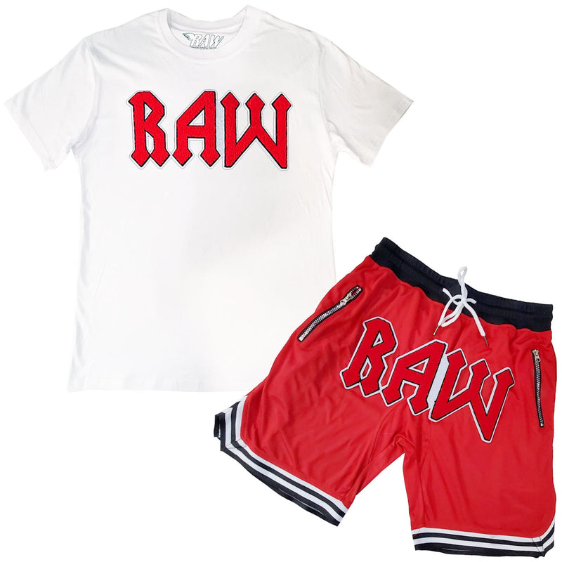 Men RAW Edition 3 Red Chenille Crew Neck T-Shirts and Mesh Shorts Set - Rawyalty Clothing