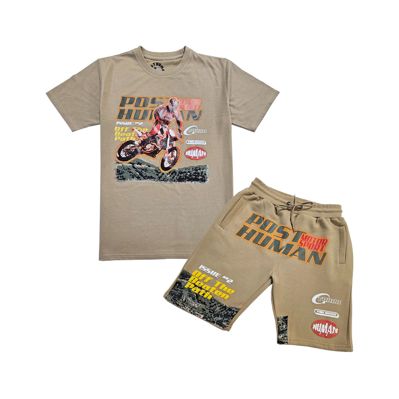 Men Post Human Motor Sport Print Crew Neck T-Shirt and Cotton Shorts Set - Rawyalty Clothing