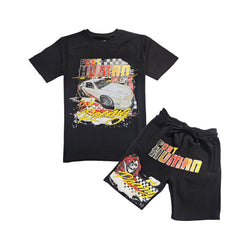 Men Post Human Racing Print Crew Neck T-Shirt and Cotton Shorts Set - Rawyalty Clothing