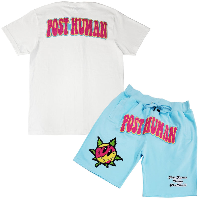 Men Post Human Vs The World Chenille Crew Neck T-Shirts and Cotton Shorts Set - Rawyalty Clothing