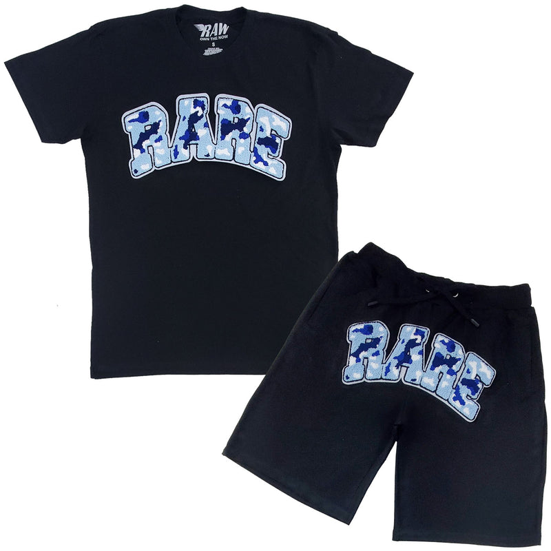 Men RARE Camo Blue Chenille Crew Neck and Cotton Shorts Set - Rawyalty Clothing