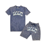 Men RARE Camo Blue Chenille Crew Neck and Cotton Shorts Set - Rawyalty Clothing