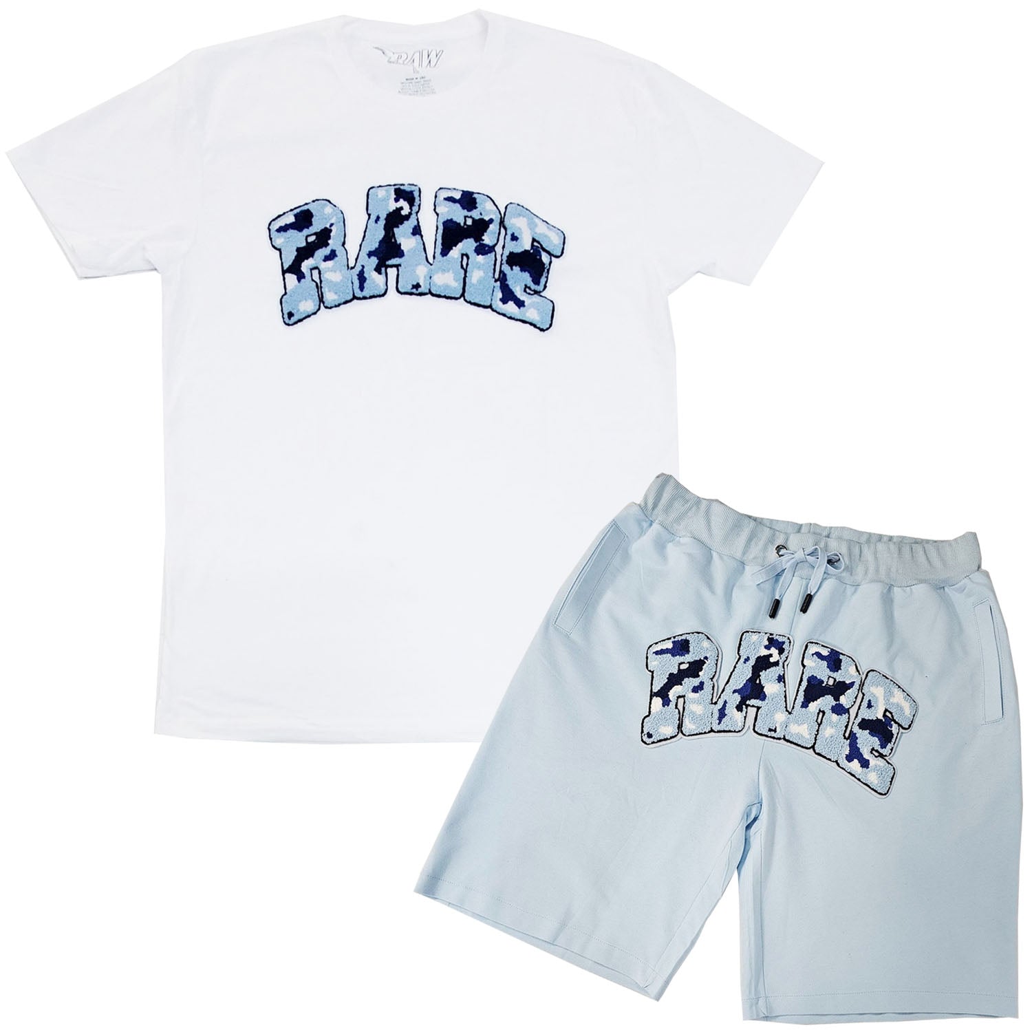 Men RARE Camo Blue Chenille Crew Neck and Cotton Shorts Set - Rawyalty Clothing