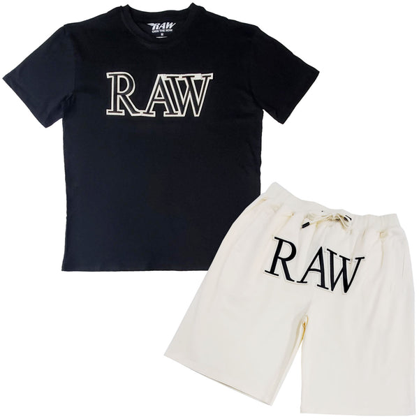 Men RAW 3D Black Chenille Crew Neck T-Shirts and Cotton Shorts Set - Rawyalty Clothing