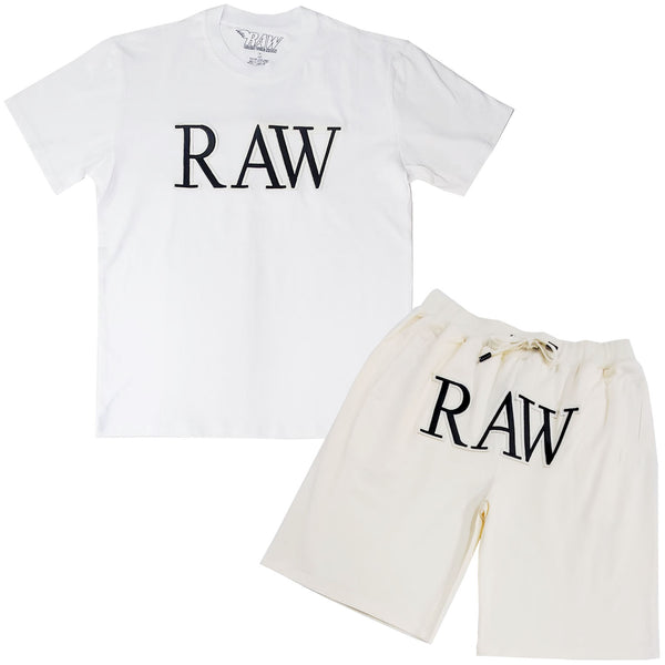 Men RAW 3D Black Chenille Crew Neck T-Shirts and Cotton Shorts Set - Rawyalty Clothing