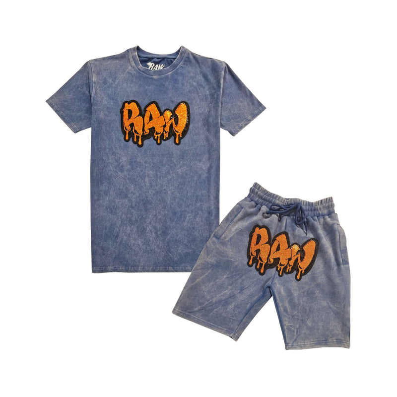 Men RAW Drip Orange Bling Crew Neck T-Shirt and Cotton Shorts Set - Rawyalty Clothing
