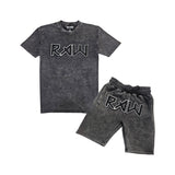 Men RAW Edition 1 Black Chenille Crew Neck T-Shirts and Cotton Shorts Set - Rawyalty Clothing