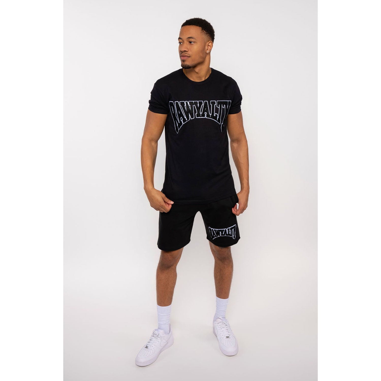 Men Rawyalty Black Chenille Crew Neck T-Shirts and Cotton Shorts Set - Rawyalty Clothing
