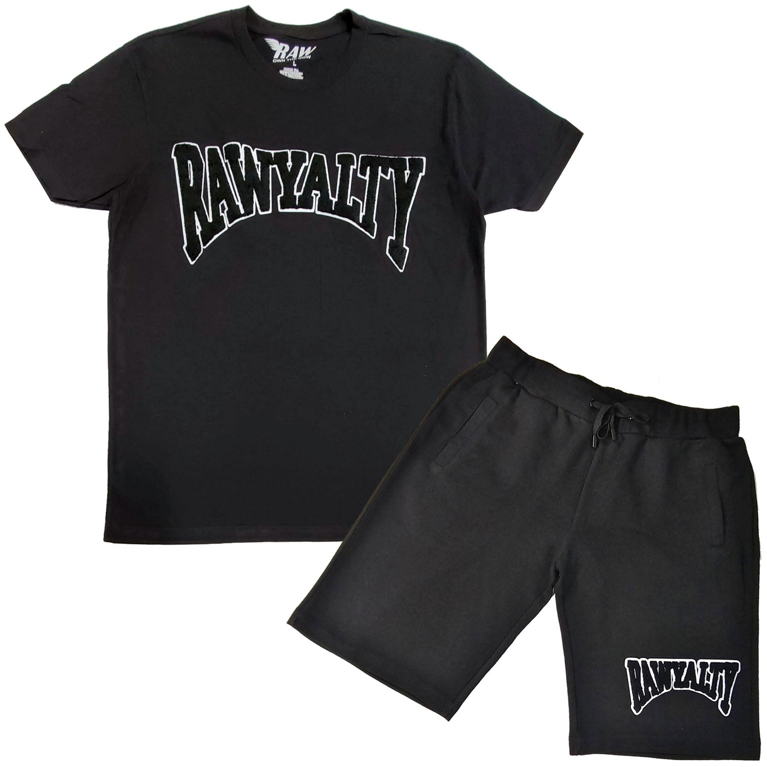 Men Rawyalty Black Chenille Crew Neck T-Shirts and Cotton Shorts Set - Rawyalty Clothing