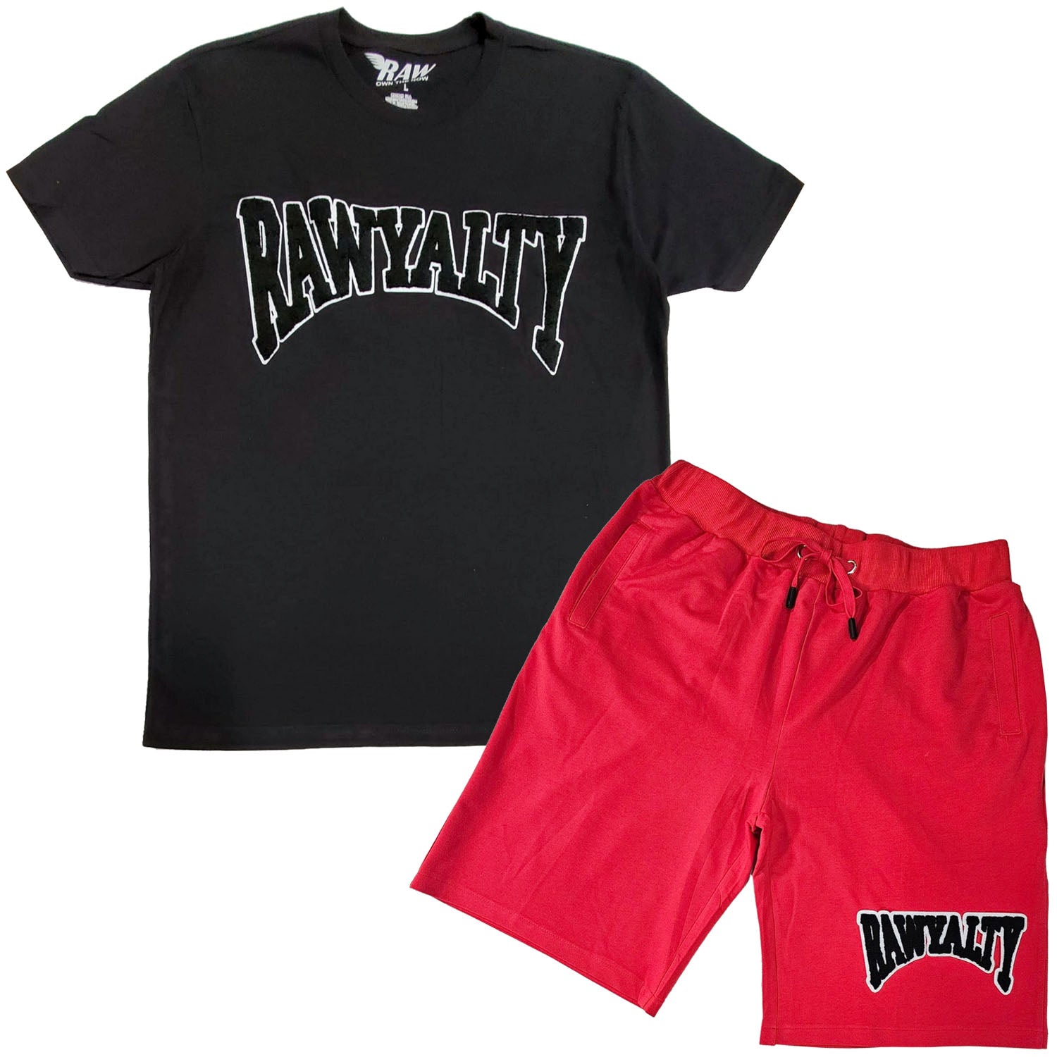 Men Rawyalty Black Chenille Crew Neck T-Shirts and Cotton Shorts Set - Rawyalty Clothing