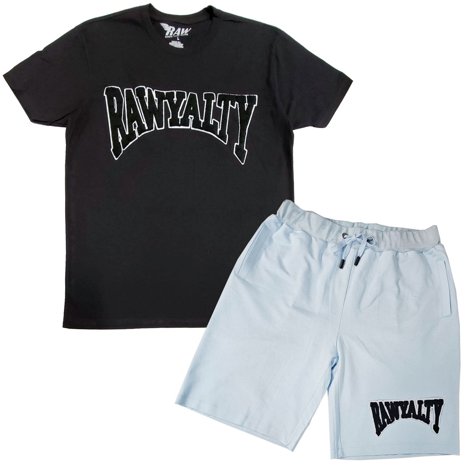 Men Rawyalty Black Chenille Crew Neck T-Shirts and Cotton Shorts Set - Rawyalty Clothing