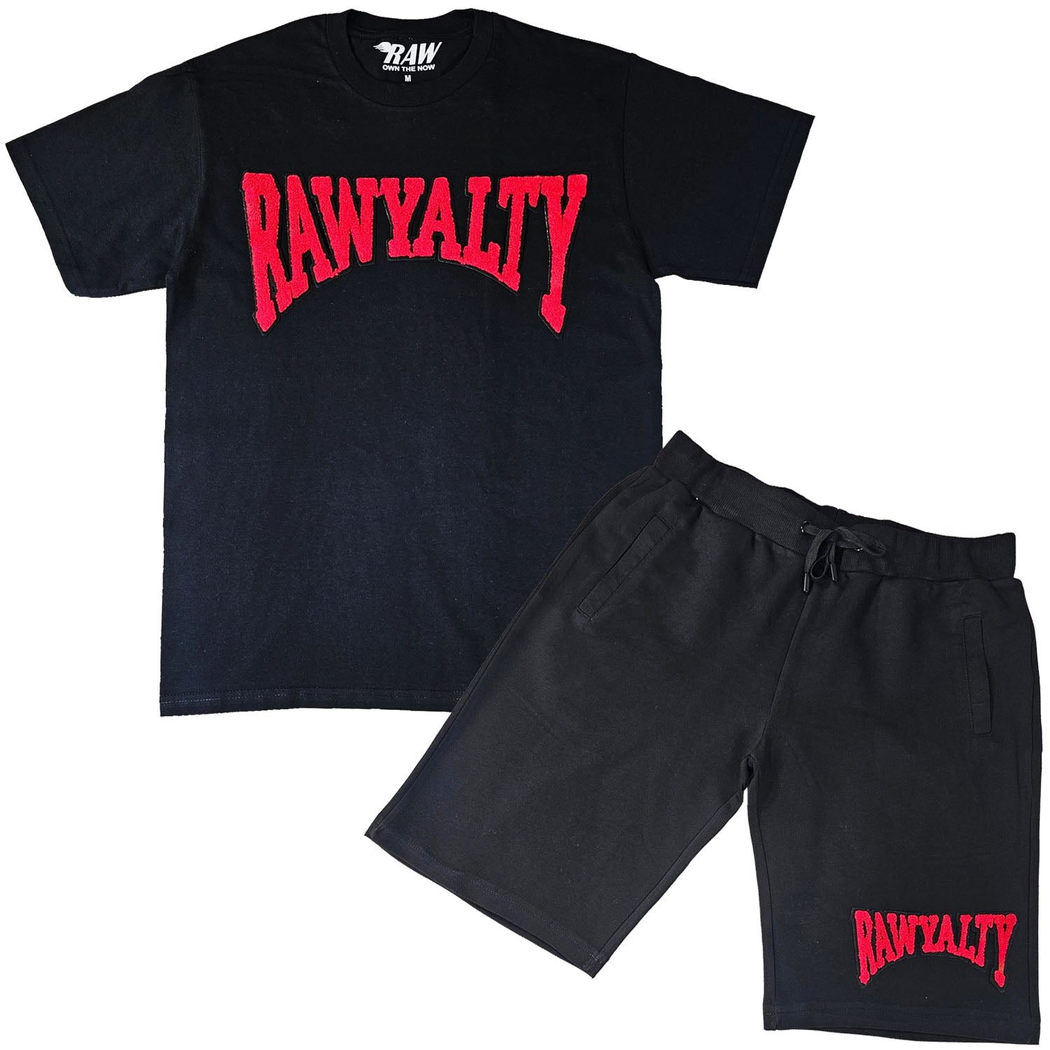 Men Rawyalty Red Chenille Crew Neck T-Shirts and Cotton Shorts Set - Rawyalty Clothing