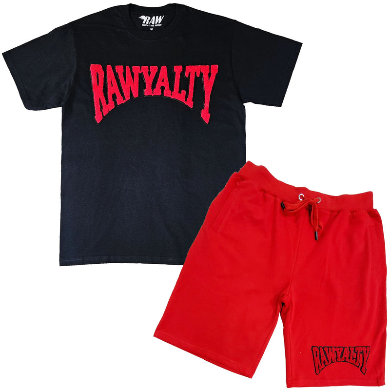 Men Rawyalty Red Chenille Crew Neck T-Shirts and Cotton Shorts Set - Rawyalty Clothing