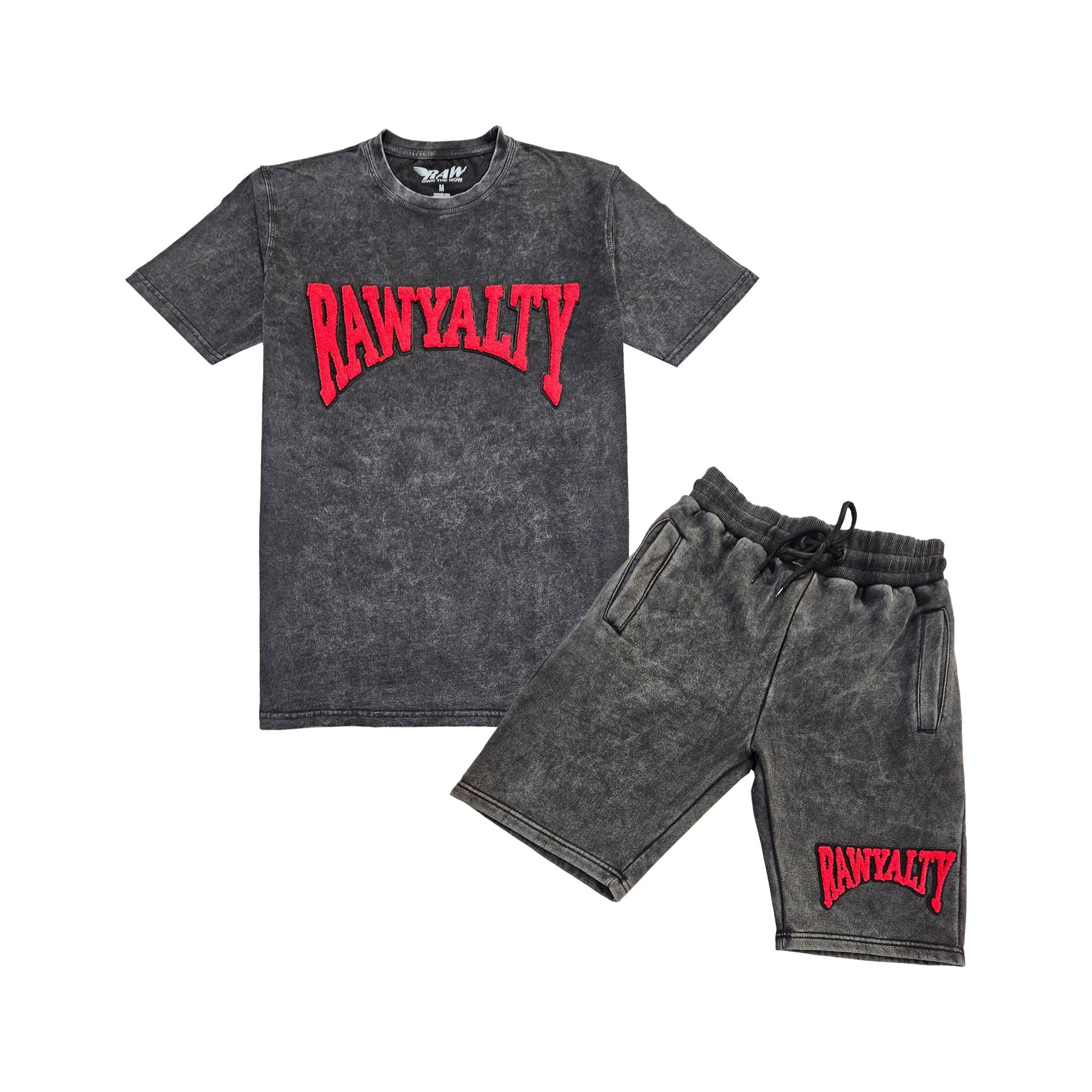 Men Rawyalty Red Chenille Crew Neck T-Shirts and Cotton Shorts Set - Rawyalty Clothing