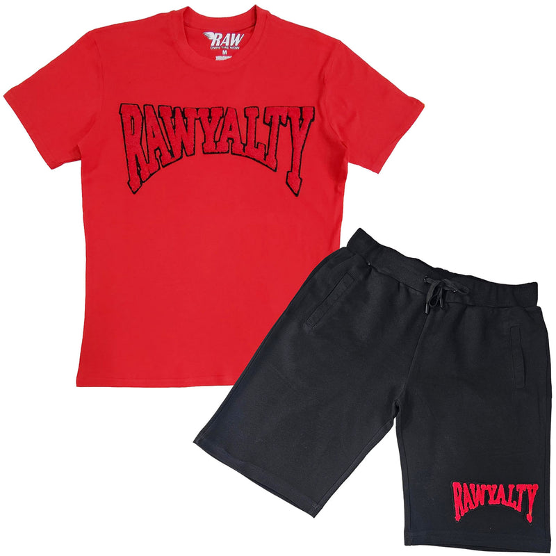 Men Rawyalty Red Chenille Crew Neck T-Shirts and Cotton Shorts Set - Rawyalty Clothing