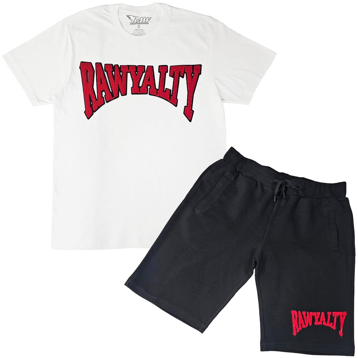 Men Rawyalty Red Chenille Crew Neck T-Shirts and Cotton Shorts Set - Rawyalty Clothing