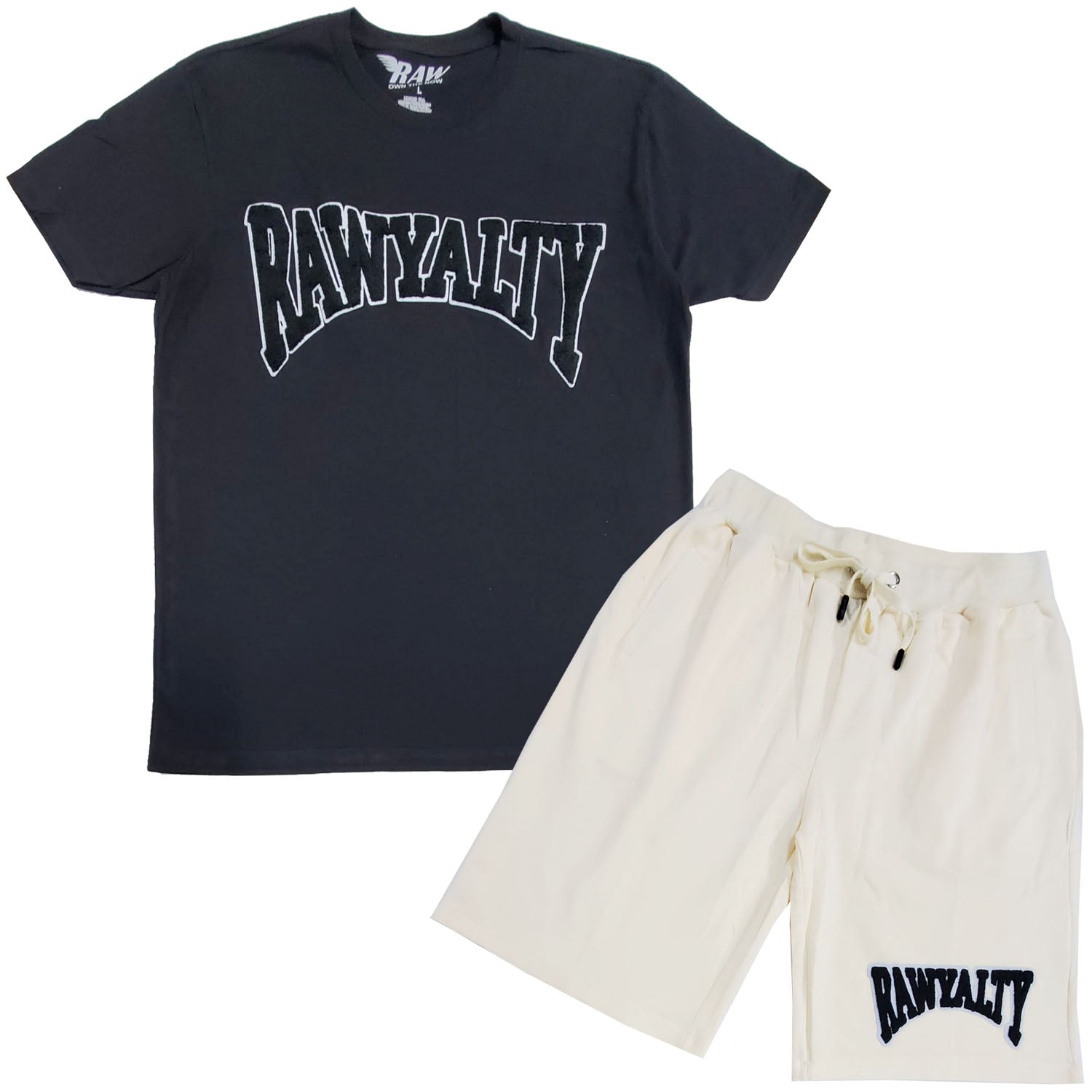 Men Rawyalty Black Chenille Crew Neck T-Shirts and Cotton Shorts Set - Rawyalty Clothing