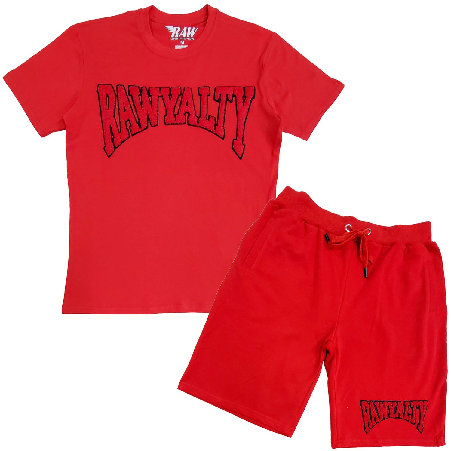 Men Rawyalty Red Chenille Crew Neck T-Shirts and Cotton Shorts Set - Rawyalty Clothing