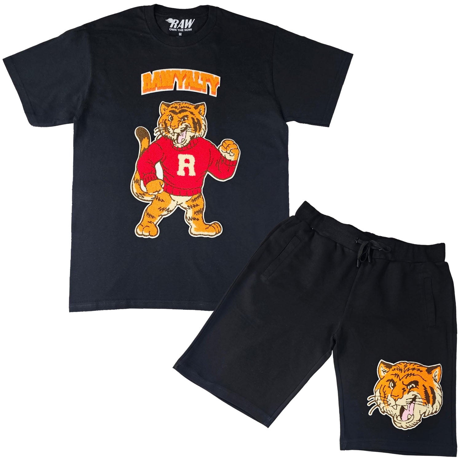 Men Rawyalty Tiger Chenille Crew Neck T-Shirts and Cotton Shorts Set - Rawyalty Clothing