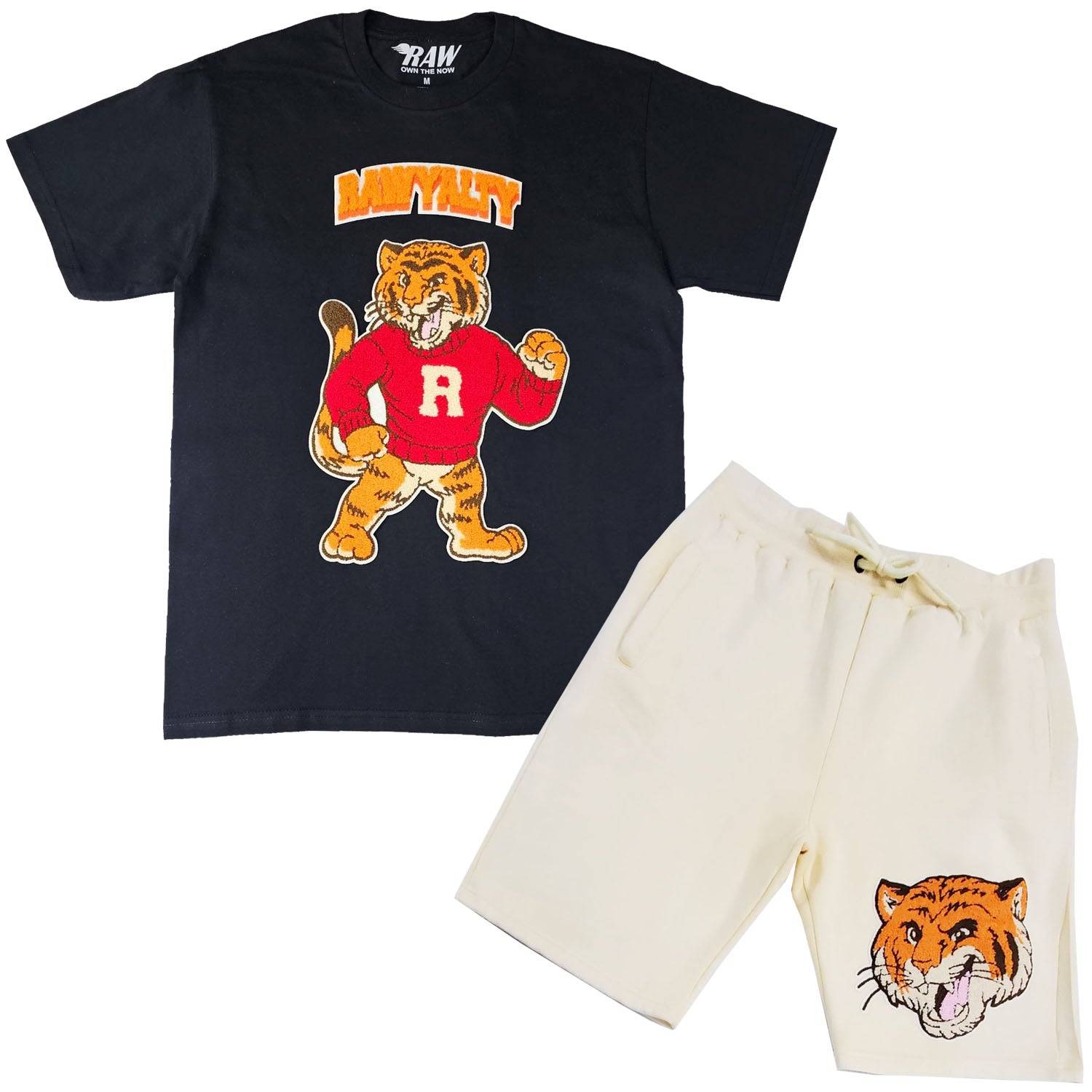 Men Rawyalty Tiger Chenille Crew Neck T-Shirts and Cotton Shorts Set - Rawyalty Clothing