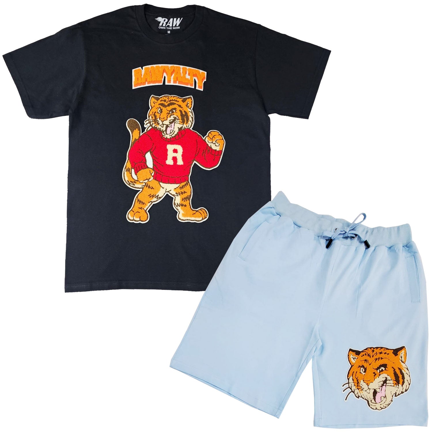 Men Rawyalty Tiger Chenille Crew Neck T-Shirts and Cotton Shorts Set - Rawyalty Clothing