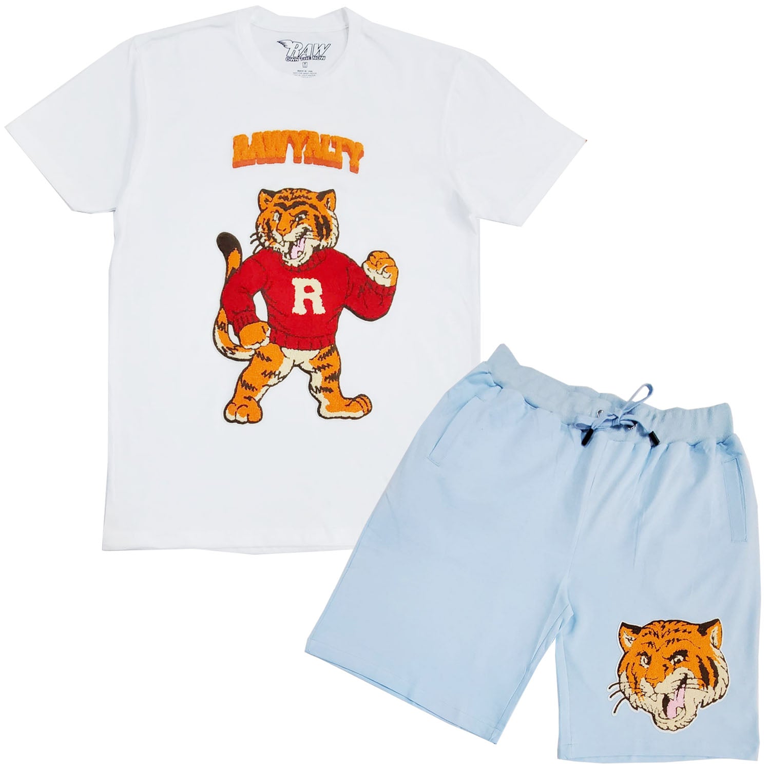 Men Rawyalty Tiger Chenille Crew Neck T-Shirts and Cotton Shorts Set - Rawyalty Clothing