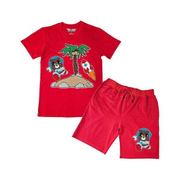 Men Space Teddy Chenille Crew Neck T-Shirt and Cotton Shorts Set - Rawyalty Clothing