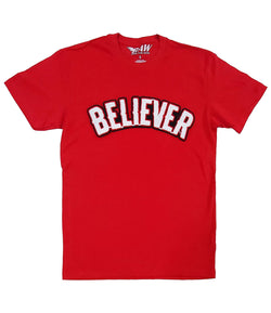 Men BELIEVER Chenille Crew Neck - Red - Rawyalty Clothing