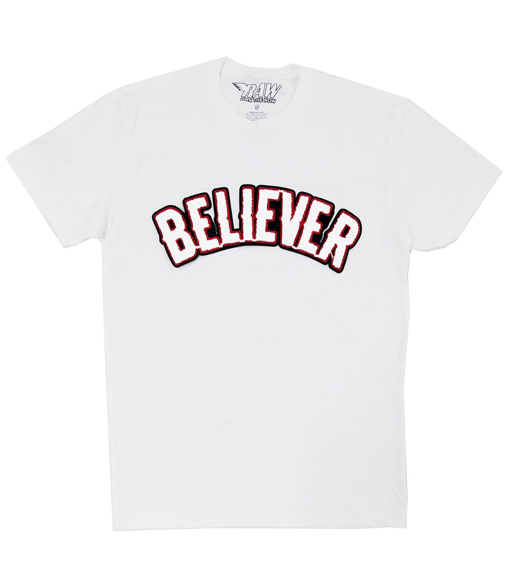 Men BELIEVER Chenille Crew Neck - White - Rawyalty Clothing