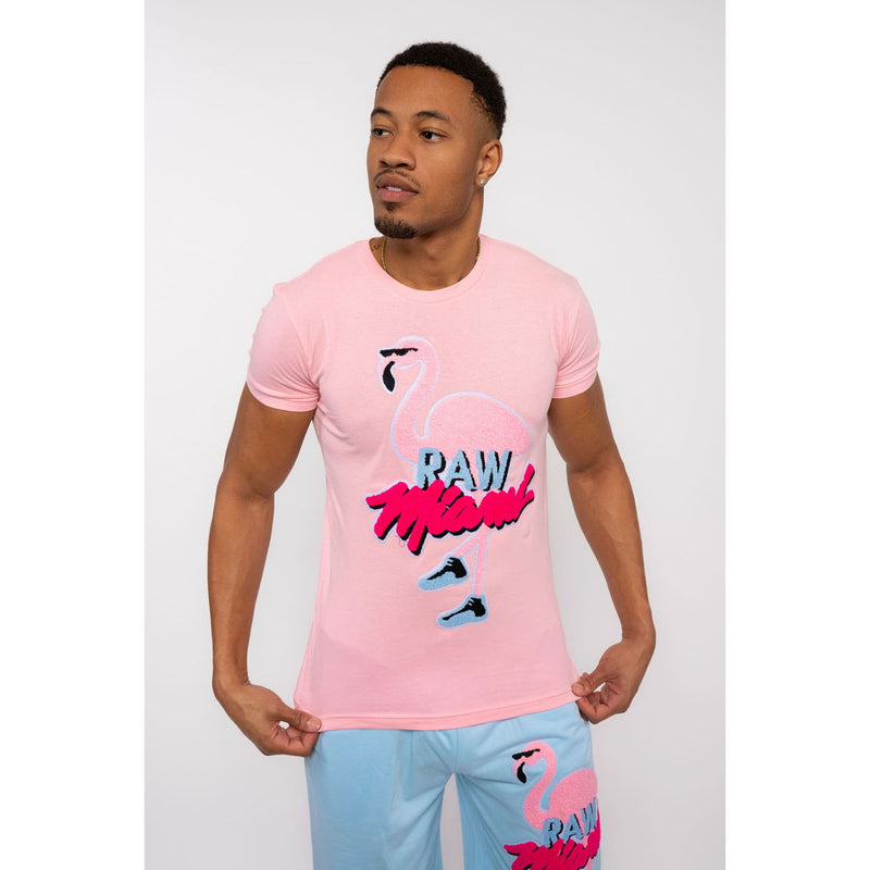 Men Flamingo Chenille Crew Neck T-Shirts - Rawyalty Clothing